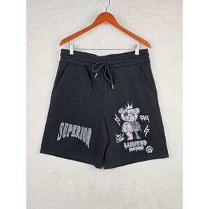 Rebel Vengeance Superior Mens Large Sweat Shorts Black Bear Graphic Print